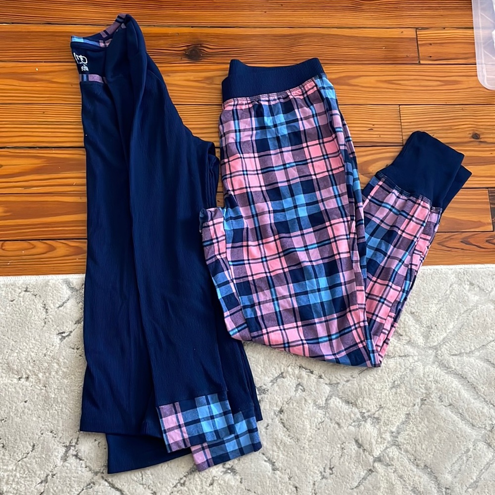 Pink and blue plaid pajama top and jogger set